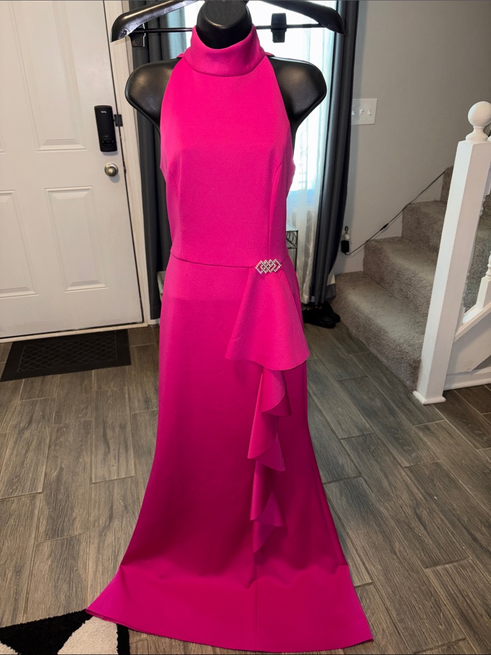 Eliza J Elegant Hot Pink Halter Maxi Dress with Side Ruffle size 8